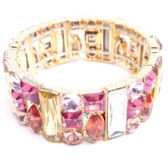 INC International Concepts Gold and Pink Glass Rhinestone Stretch Bracelet - Picture 2 of 9